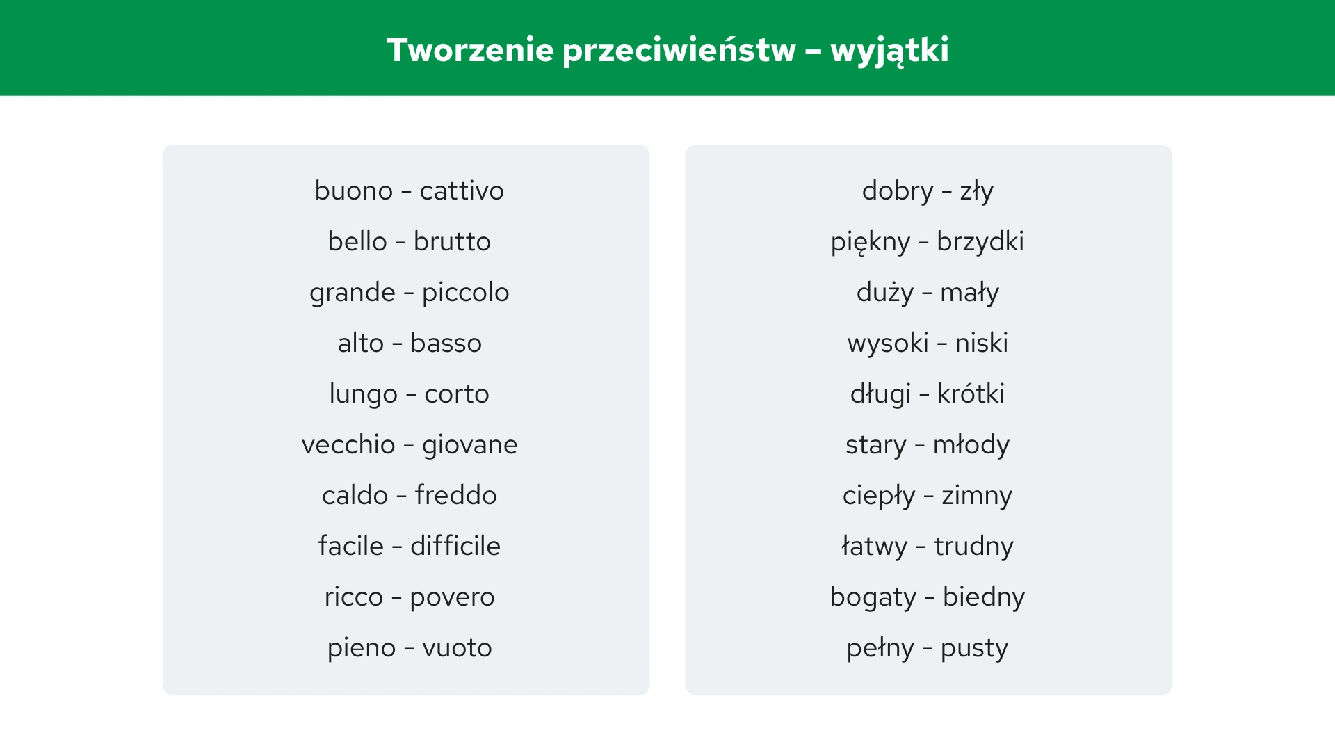 Język włoski przeciwieństwa - wyjątki