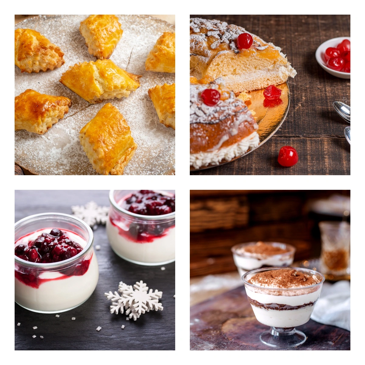 Kolaż zdjęć tiramisu, Panna cotta, Cassata Siciliana, gelato, Sfogliatelle